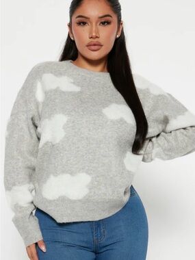Fashion Nova Grey & White Cloud Crewneck Sweater